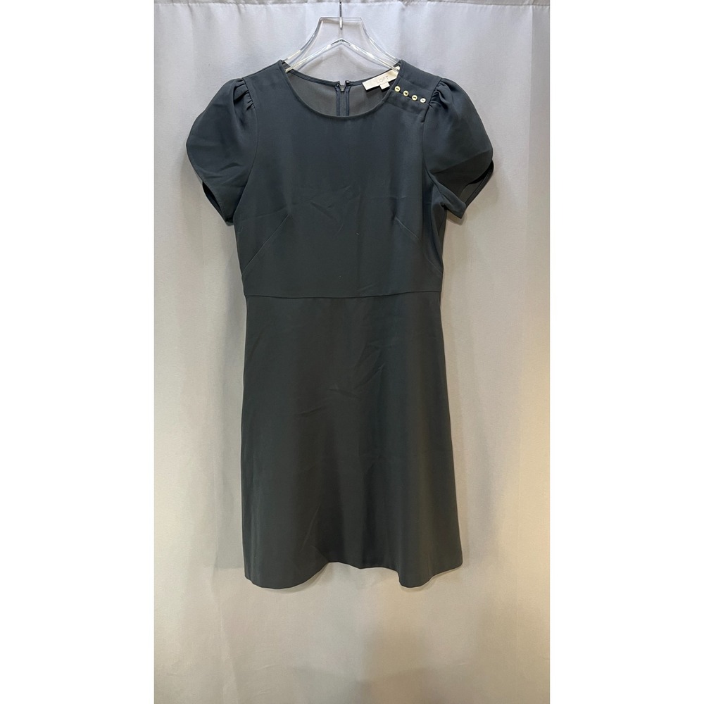 Ann Taylor Loft Fit & Flare Dress Women 2 Gray Tulip Puff Sleeve Shoulder Button